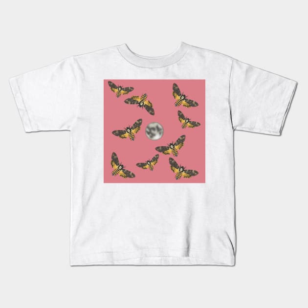 Death's Head Moth and Moons Pink Kids T-Shirt by TrapperWeasel